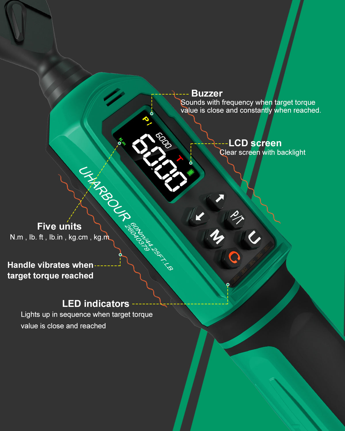 Uharbour Digital Torque Wrench 3/8", 0.66-44.29Ft.lbs/0.9-60Nm, 66 PCS Torque Wrench Set-UHXM025