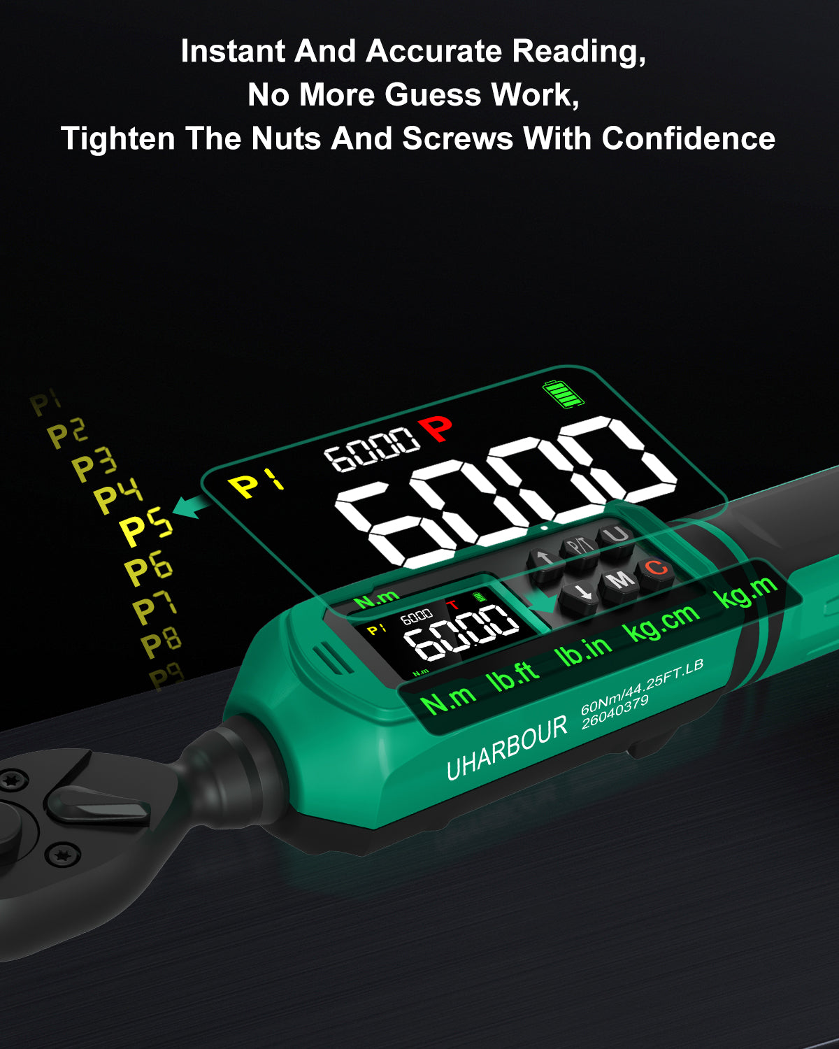 Uharbour Digital Torque Wrench 3/8", 0.66-44.29Ft.lbs/0.9-60Nm, 66 PCS Torque Wrench Set-UHXM025